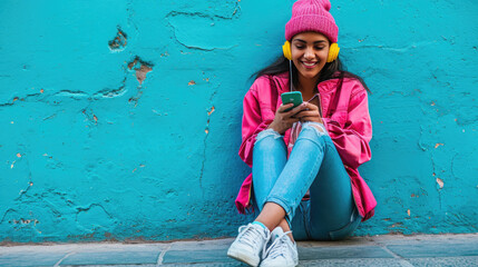 Joyful woman is sitting on the ground, leaning against a turquoise wall, wearing a pink jacket and beanie, with yellow headphones on, and looking at her smartphone.