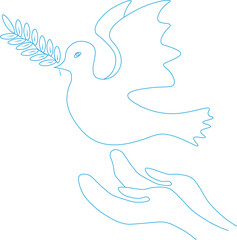The dove of peace with an olive branch takes off from his hands. The concept of peace and friendship of peoples.