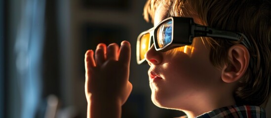 A child tests their vision using vectograms and polarized lenses. - obrazy, fototapety, plakaty