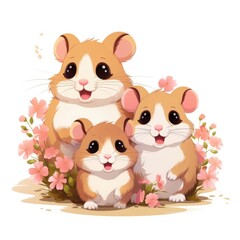 Cute mother and baby hamster with flowers around. Mother's day.