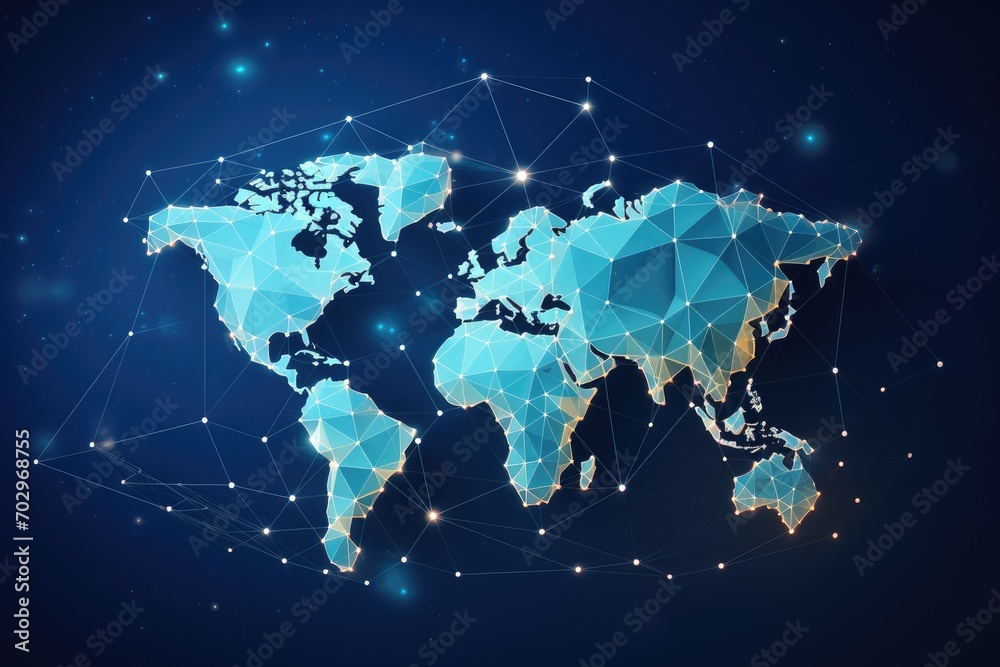 Poster abstract polygonal world map on blue background. global network connection concept. vector illustrat
