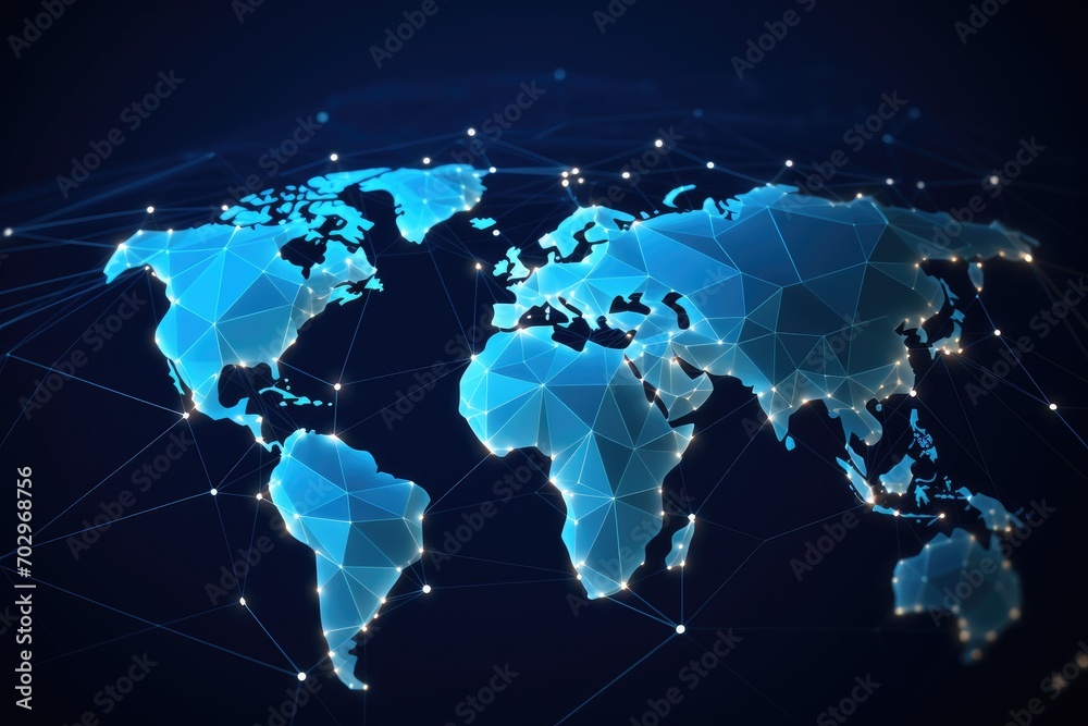 Poster abstract polygonal world map on blue background. global network concept. 3d rendering, polygon world