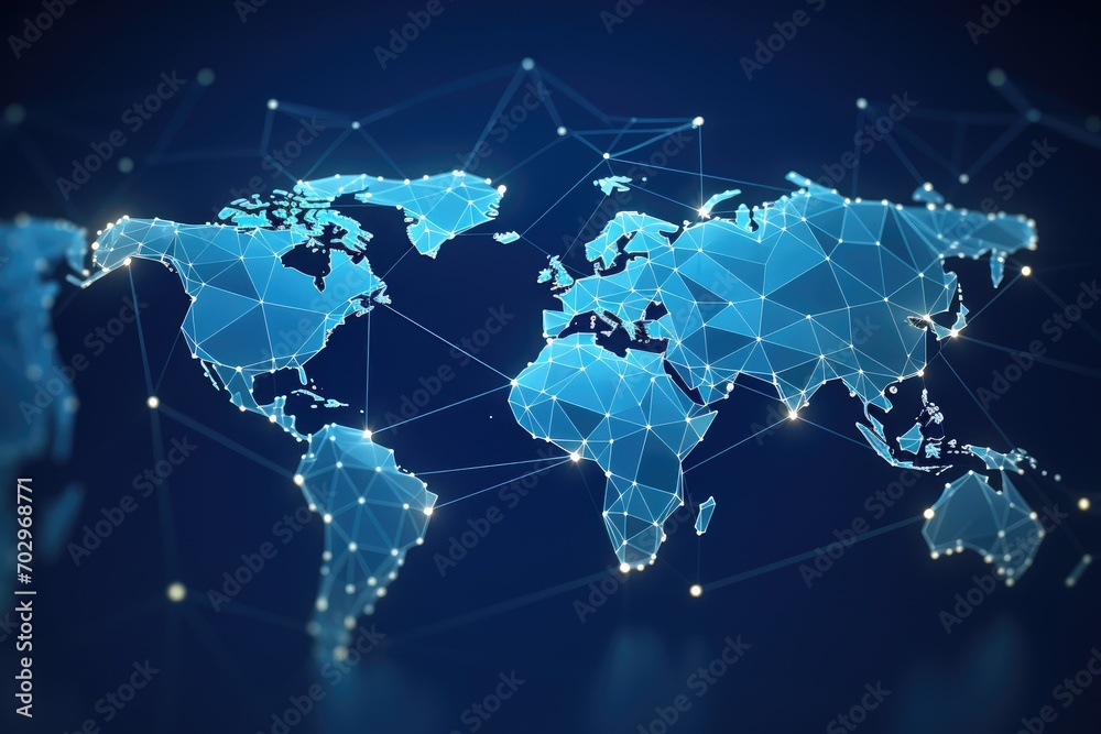 Poster digital world map on blue background. technology and communication concept. 3d rendering, polygon wo
