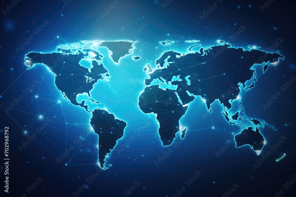 Poster abstract polygonal world map on dark blue background. global network connection concept, polygon wor