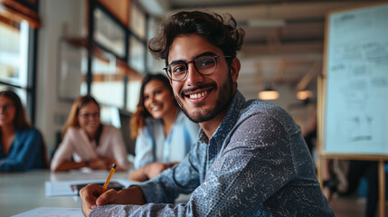 Young man with glasses in the foreground, smiling towards the camera, with coworkers in the background, in a meeting at office - obrazy, fototapety, plakaty