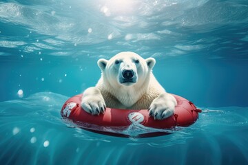 Polar bear on an inflatable ring in the ice floe, Polar bear floating on lifebuoy surrounded by melting snow, AI Generated - obrazy, fototapety, plakaty