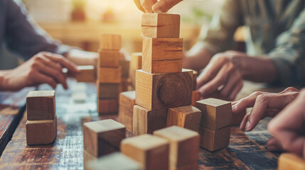 Business professionals building a tower of wooden blocks, representing collaboration, Teamwork, blurred background, with copy space