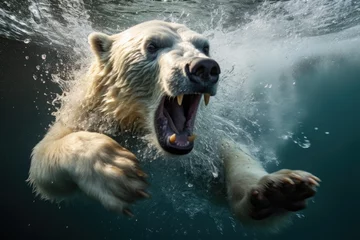 Fotobehang Polar bear swimming in water. Polar bear Ursus maritimus, Polar bear undergoing an underwater attack, AI Generated © Ifti Digital