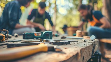A group of people with different tools working together on a DIY project, Teamwork, blurred background, with copy space - obrazy, fototapety, plakaty