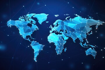 Abstract polygonal world map on dark blue background. Vector illustration, Polygon world map with blockchain technology peer-to-peer network on a blue background, AI Generated