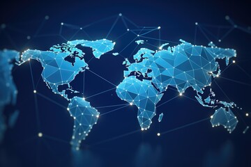 Digital world map on blue background. Technology and communication concept. 3D Rendering, Polygon world map with blockchain technology peer-to-peer network on a blue background, AI Generated