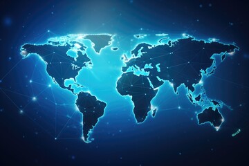 Abstract polygonal world map on dark blue background. Global network connection concept, Polygon world map with blockchain technology peer-to-peer network on a blue background, AI Generated