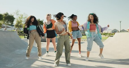 Group, dancing or women in park with hip hop fashion, cool retro swag and freestyle for wellness. Music, people or gen z friends outdoors with energy, freedom or unique talent for a fun celebration - Powered by Adobe