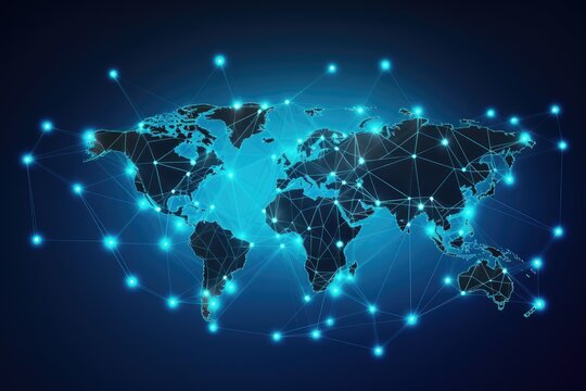 Abstract digital world map with connection lines and dots on blue background. Vector illustration, Polygon world map with blockchain technology peer-to-peer network on a blue background, AI Generated