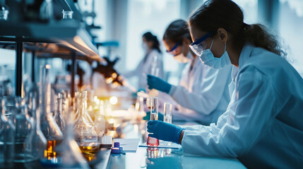 A team of scientists collaborating in a laboratory, Teamwork, blurred background, with copy space - obrazy, fototapety, plakaty