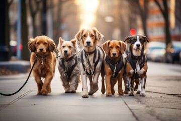 Group of dogs walking on the street in the city. Pet animals, Professional Dog Walkers, Dog Walking Business, AI Generated