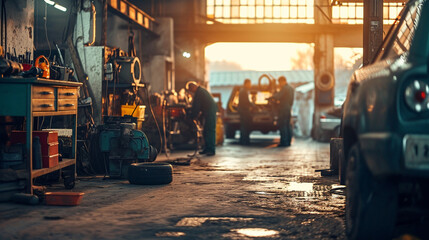 A team of mechanics working together in a garage, Teamwork, blurred background, with copy space