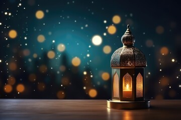 Ramadan Kareem greeting card. Arabic lantern on wooden table over blurred mosque background, Realistic ramadan background with mosque moon stars lantern and bokeh, AI Generated - obrazy, fototapety, plakaty