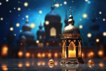 Fototapeta premium Ramadan Kareem greeting card. Ramadan lantern and mosque background, Realistic ramadan background with mosque moon stars lantern and bokeh, AI Generated