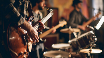 A musical band practicing together in a studio, Teamwork, blurred background, with copy space