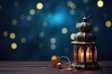 Ramadan Kareem greeting card with lantern and star on bokeh background, Realistic ramadan background with mosque moon stars lantern and bokeh, AI Generated - obrazy, fototapety, plakaty
