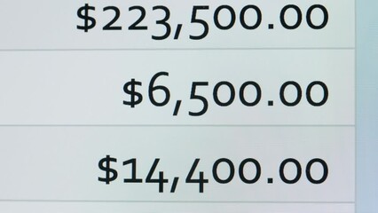 Services payment on pc monitor close-up. Online invoices. Contactless payment. Blanks, bills on computer.