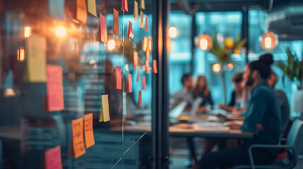 An IT project team in a scrum meeting with post-it notes on the wall, Team, Teamwork, blurred background, with copy space