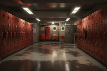 Interior of a locker room with red lockers, 3d render, Locker Room, AI Generated - obrazy, fototapety, plakaty