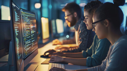 IT specialists working on a complex coding problem together, Team, Teamwork, blurred background, with copy space