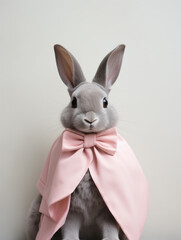 Obraz premium Portrait of a cute Easter grey bunny wearing a silk pink cape and bow tie. Muted pastel pink and grey background. Funny pet rabbit dressed up for the party.