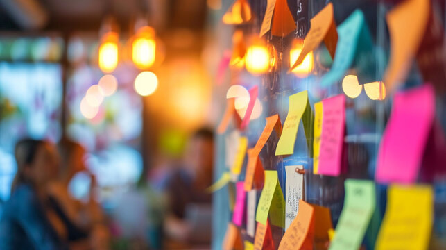 An IT project team in a scrum meeting with post-it notes on the wall, Team, Teamwork, blurred background, with copy space