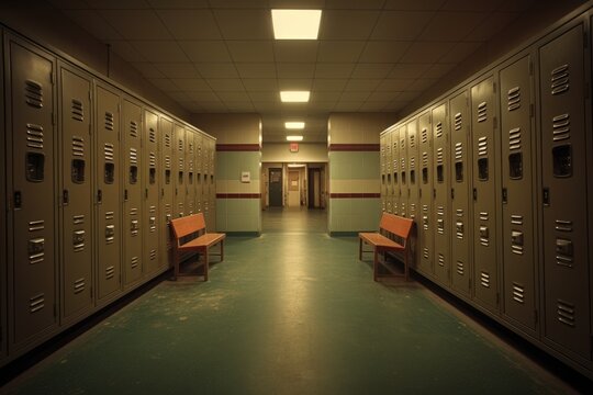 3D render of a school corridor with lockers and changing room, Locker Room, AI Generated