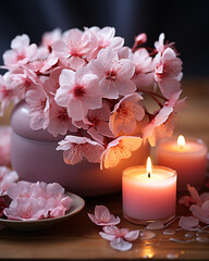 Sakura flowers in a vase and a burning candle