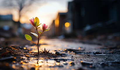 small young plants flowers sprouting through hard old soil. new life. banner. copy space