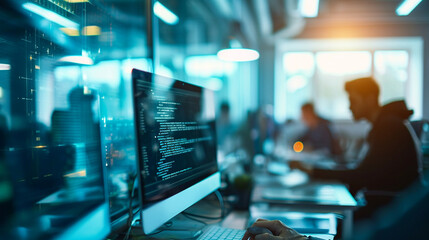 An IT team conducting a peer review of code in a collaborative workspace, Team, Teamwork, blurred background, with copy space