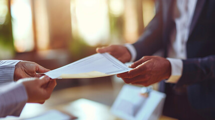 A manager handing a certificate of appreciation to an employee, Team, blurred background, with copy space