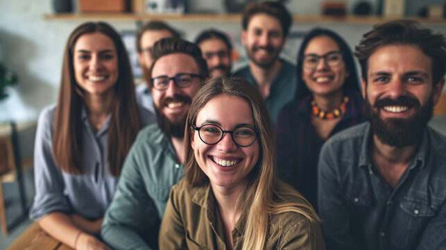 A team of IT specialists smiling and posing for a group photo in their office, Team, Teamwork, blurred background, with copy space
