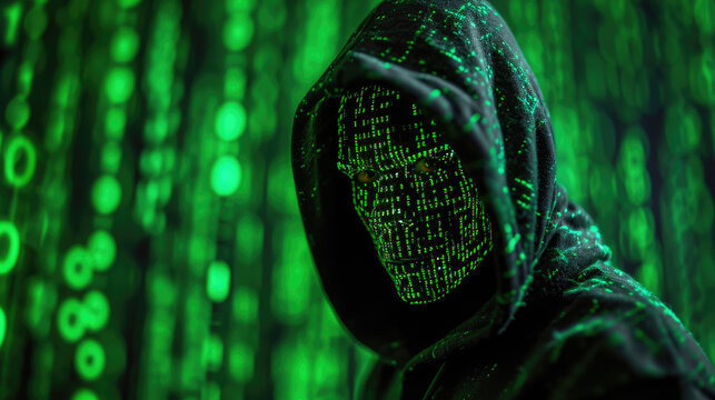 Shadowy figure in a hooded jacket standing against a backdrop of digital data code