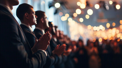 A formal appreciation event with employees receiving accolades, Team, blurred background, with copy space