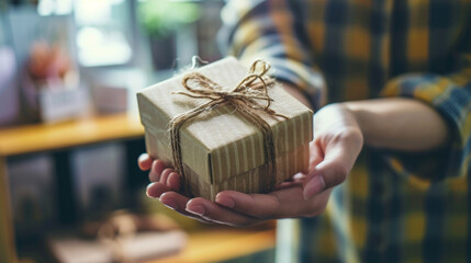 An employee receiving a special appreciation gift from the company, Team, blurred background, with copy space