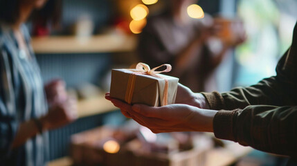 An employee receiving a special appreciation gift from the company, Team, blurred background, with copy space