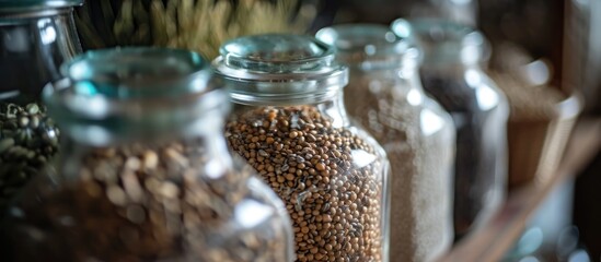 Agricultural plant seeds stored in a glass container.