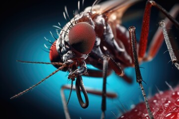 Macro of a mosquito on a red blood cell - 3D render, Microscopic image of a mosquito, AI Generated