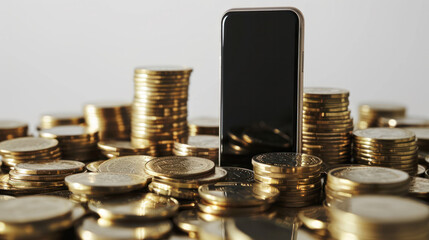 Smartphone Surrounded by Stacks of Coins, Symbolizing Financial Success and Digital Prosperity. Online marketing, stock market, Making money online concept, mockup template.