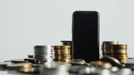 Smartphone Surrounded by Stacks of Coins, Symbolizing Financial Success and Digital Prosperity. Online marketing, stock market, Making money online concept, mockup template.