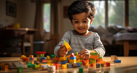 A young Indian toddler playing with building blocks - obrazy, fototapety, plakaty