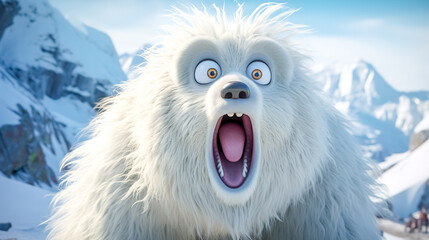 An animated yeti with a shocked expression in a snowy mountain environment, wide-eyed and mouth agape in surprise - obrazy, fototapety, plakaty