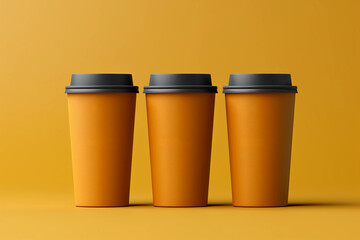Three orange paper coffee cups mockup with black lids on an orange background