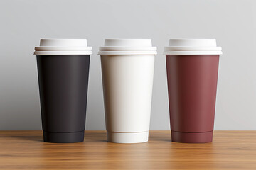 Three different colored paper coffee cups mockup with white lids on a light background
