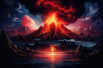 Fantasy landscape with mountains and lake. Digital painting. 3D illustration, Night fantasy landscape with abstract mountains and an island on the water, an explosive volcano with, AI Generated